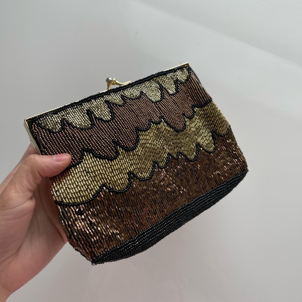 Vintage 70s Gold Beaded Clutch Handbag